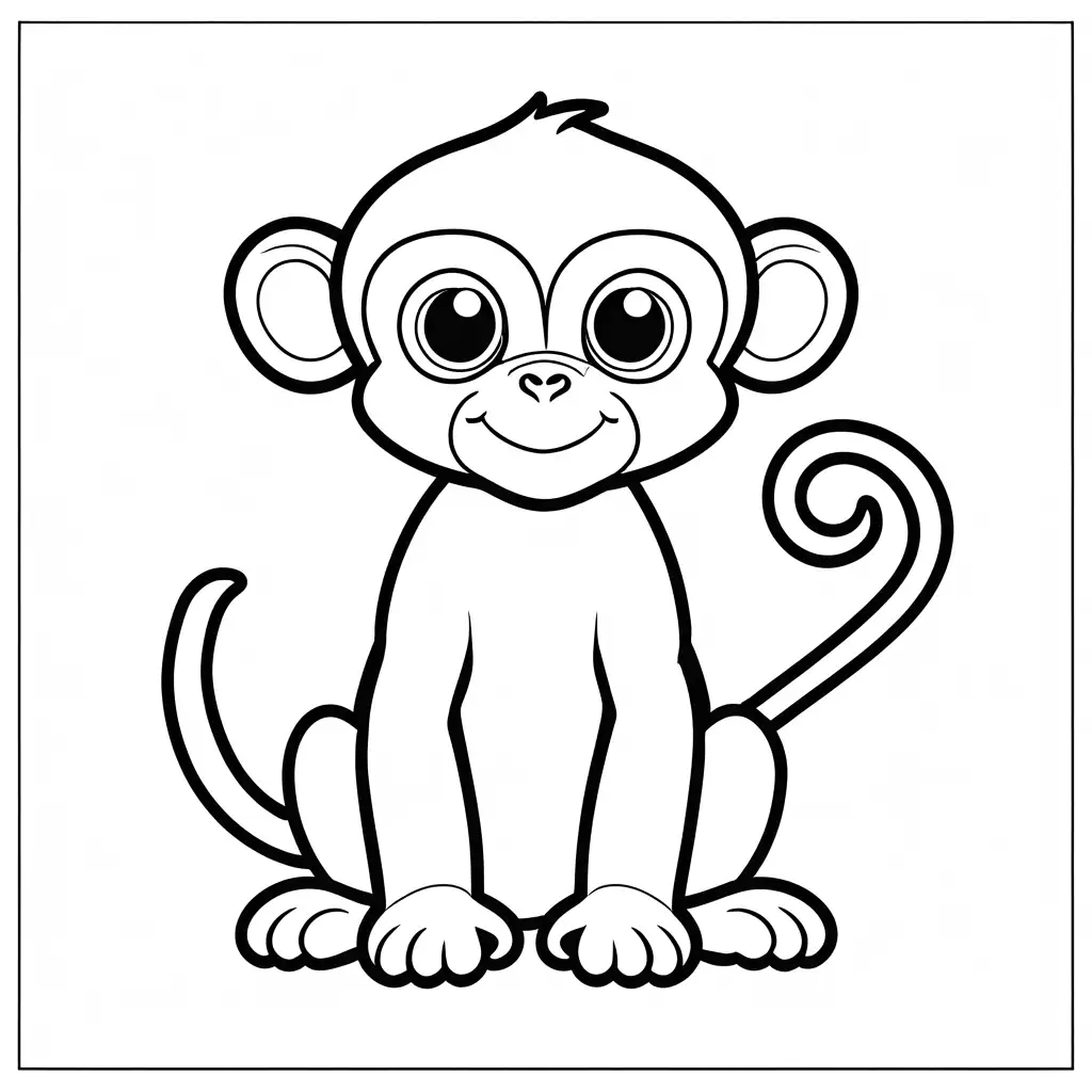a black and white outline drawing of a cute cartoon monkey with a white background, Coloring Page, black and white, line art, white background, Simplicity, Ample White Space. The background of the coloring page is plain white to make it easy for young children to color within the lines. The outlines of all the subjects are easy to distinguish, making it simple for kids to color without too much difficulty, Coloring Page, black and white, line art, white background, Simplicity, Ample White Space. The background of the coloring page is plain white to make it easy for young children to color within the lines. The outlines of all the subjects are easy to distinguish, making it simple for kids to color without too much difficulty