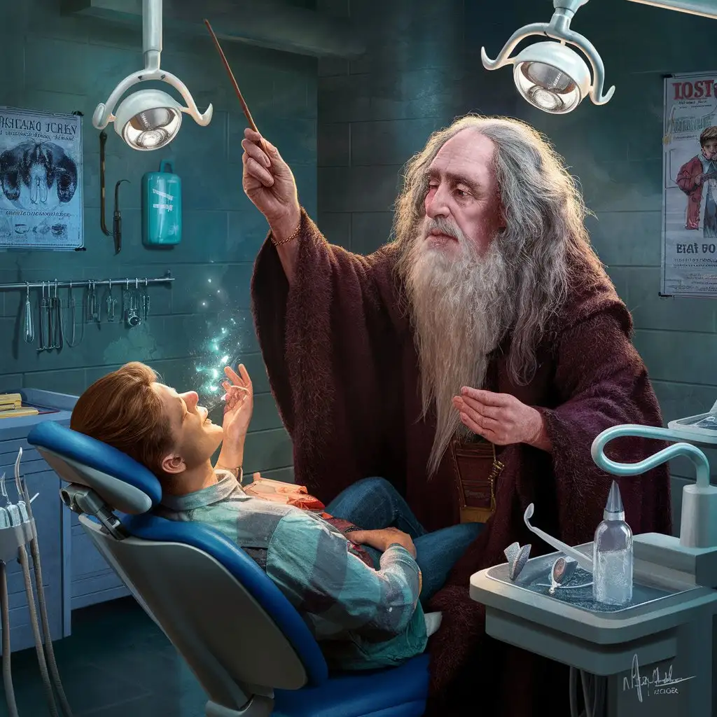 Dumbledore casting a spell on a patient with broken teeth at the dental clinic.