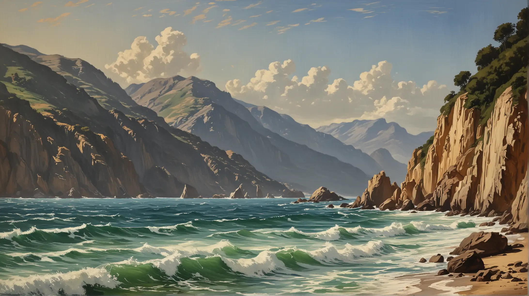 make a manet painting of mountainous coastline and ocean