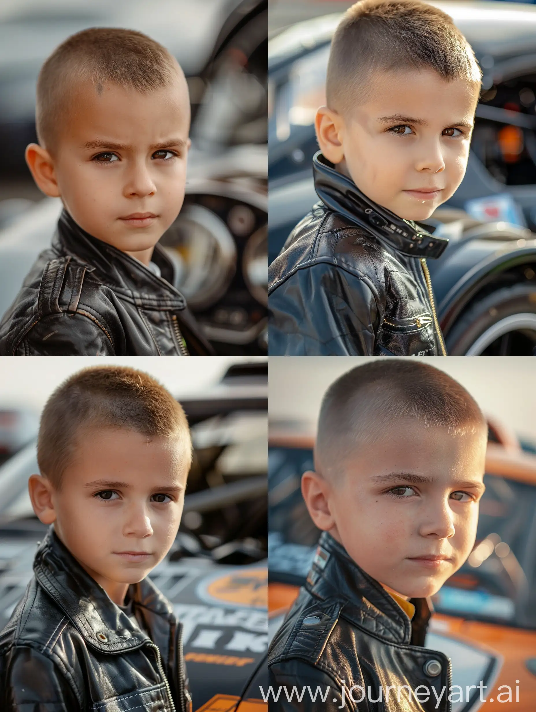 A little boy with a short haircut in a leather jacket, seven years old, standing near a cool tuned race car, close-up, realistic photo, hyperrealism, face clearly visible, looking into the camera, close-up photo