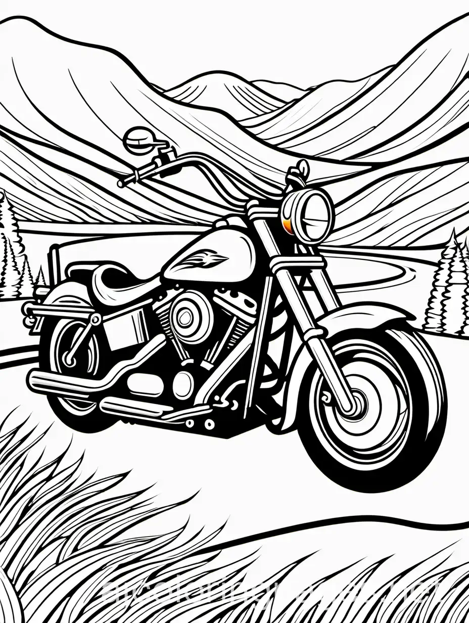 simple coloring page big harley motorcycle chrome fancy scenery driving winding road background design, Coloring Page, black and white, line art, white background, Simplicity, Ample White Space. The background of the coloring page is plain white to make it easy for young children to color within the lines. The outlines of all the subjects are easy to distinguish, making it simple for kids to color without too much difficulty, Coloring Page, black and white, line art, white background, Simplicity, Ample White Space. The background of the coloring page is plain white to make it easy for young children to color within the lines. The outlines of all the subjects are easy to distinguish, making it simple for kids to color without too much difficulty...