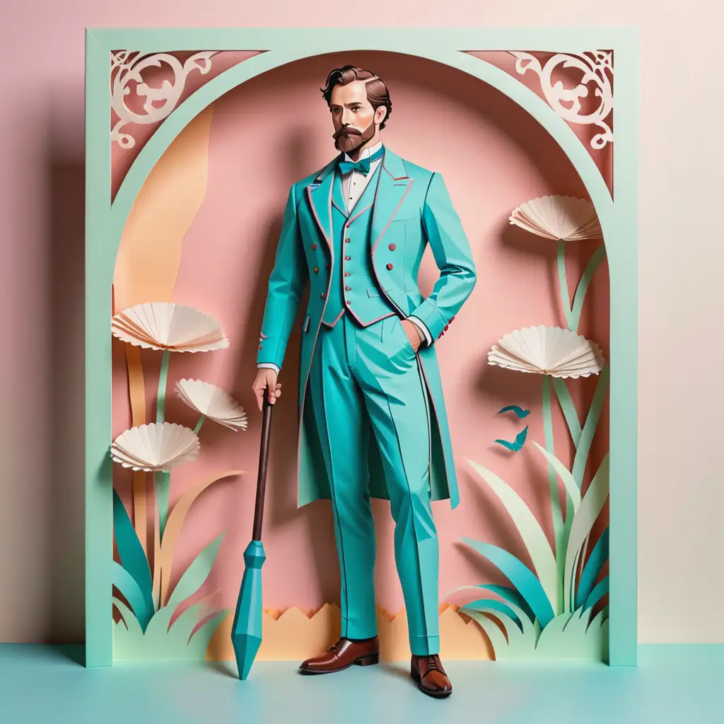 laser-cut paper illustration, multi-layered paper, high-detail colored paper, beautiful pastel colors, мужчина в костюме 19 века  стоит с молотком  поднятаярука