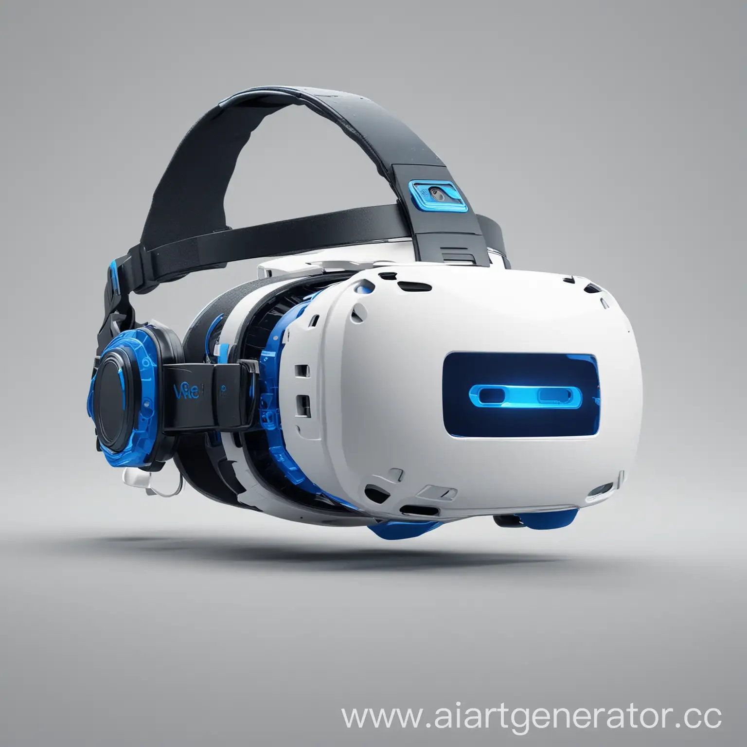 white VR helmet with blue elements