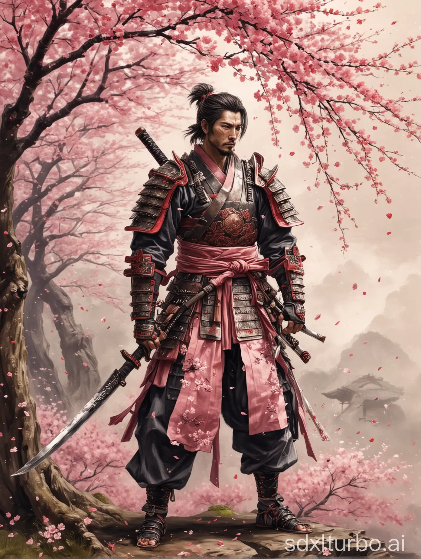 Samurai-Drawing-Sword-amidst-Cherry-Blossoms
