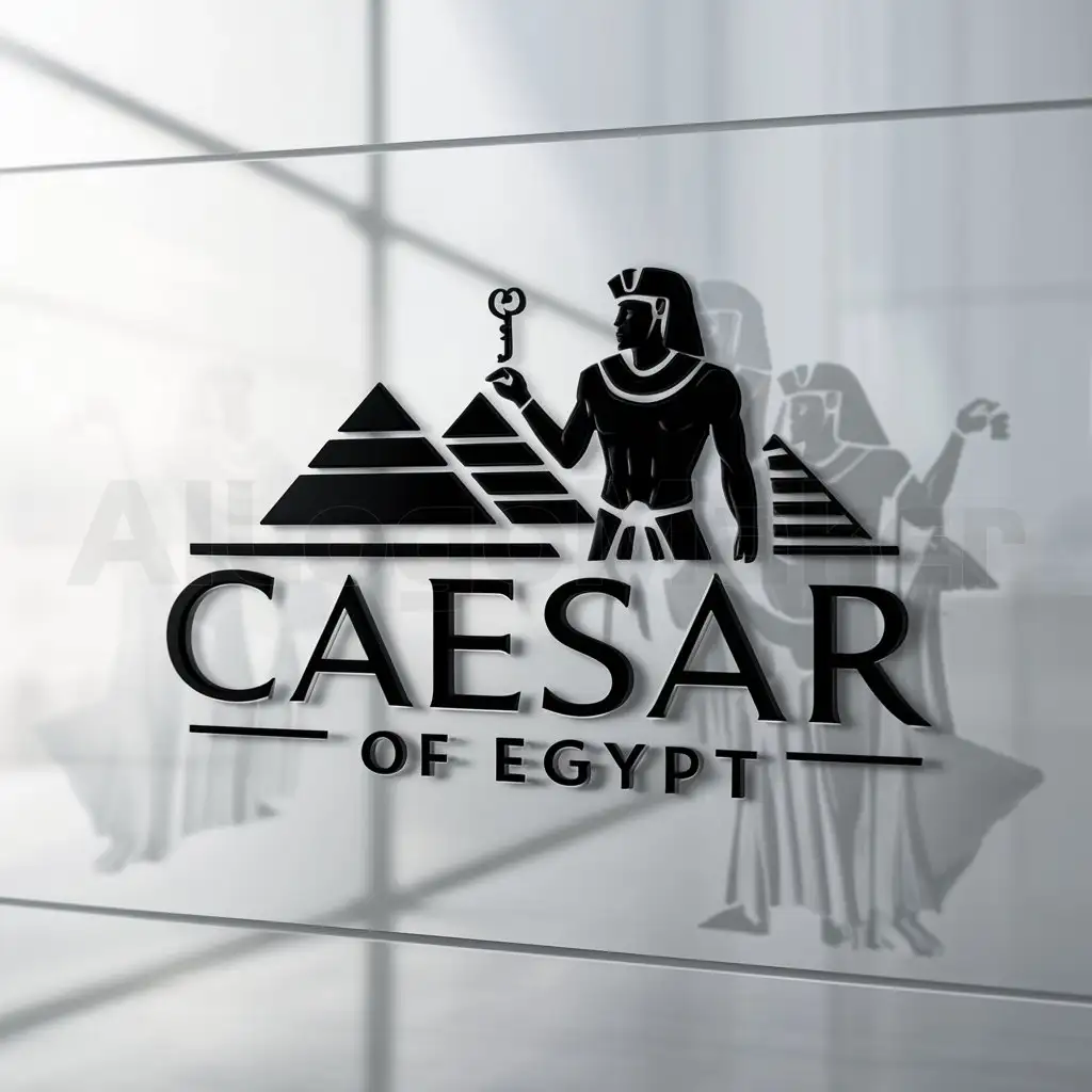 a logo design,with the text "Caesar of Egypt", main symbol:The Caesar of Egypt stands and holds the key to life, and behind him are the pyramids,Moderate,be used in Travel industry,clear background