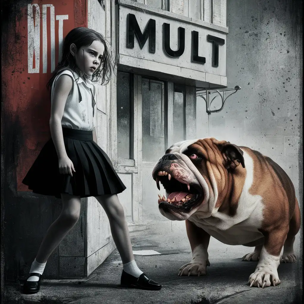 Девочка в черной юбке на фоне MULT рядом с ней злая собака бульдог 