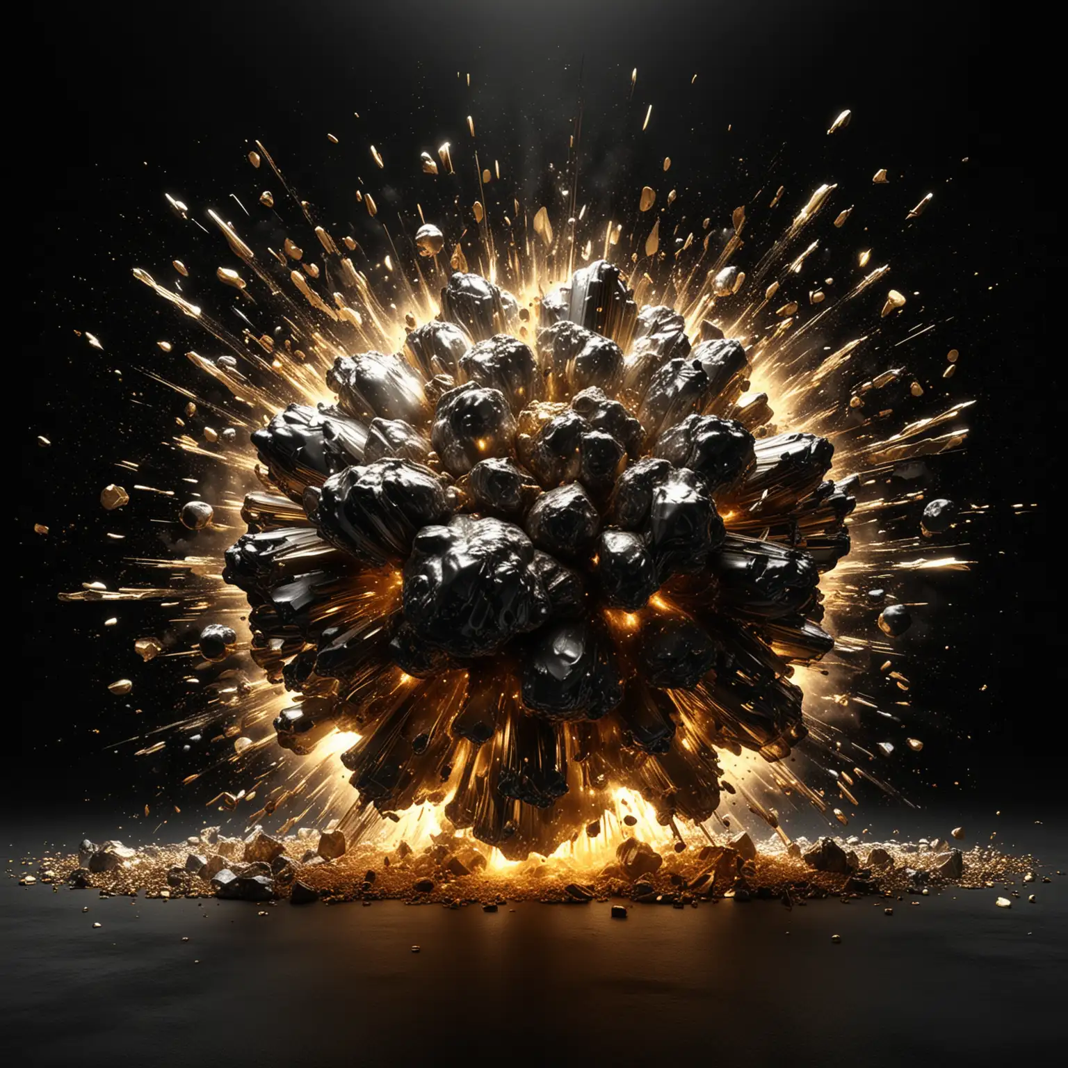ULTRA REALISTIC high definition, BLACK BACKGROUND WITH GOLD AND CHROME EXPLOSION AND CINEMATIC LIGHTING 