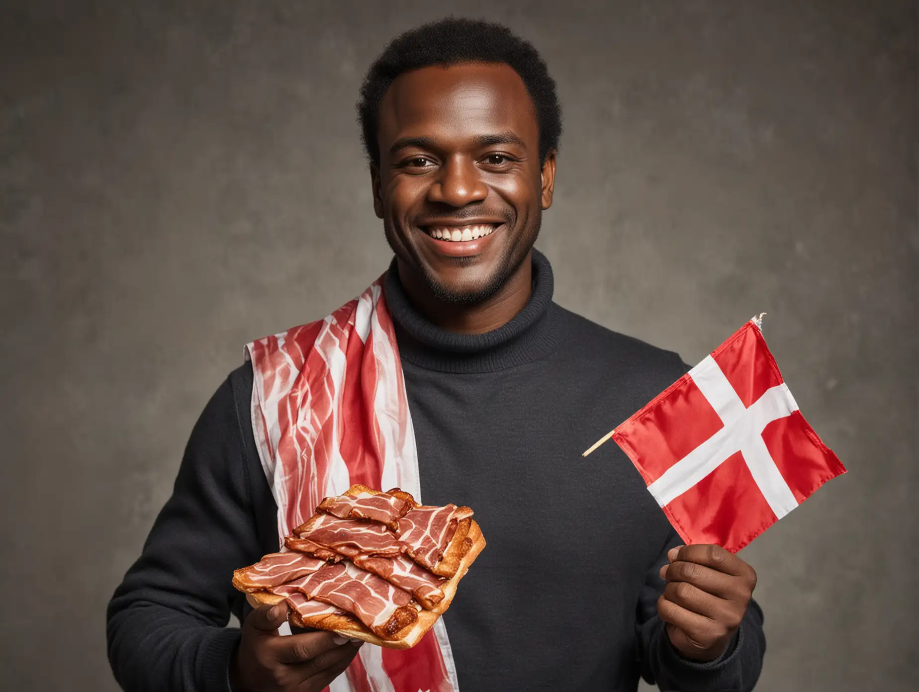 A dark-skinned smiling man holding a Danish flag and some slices of bacon. 
