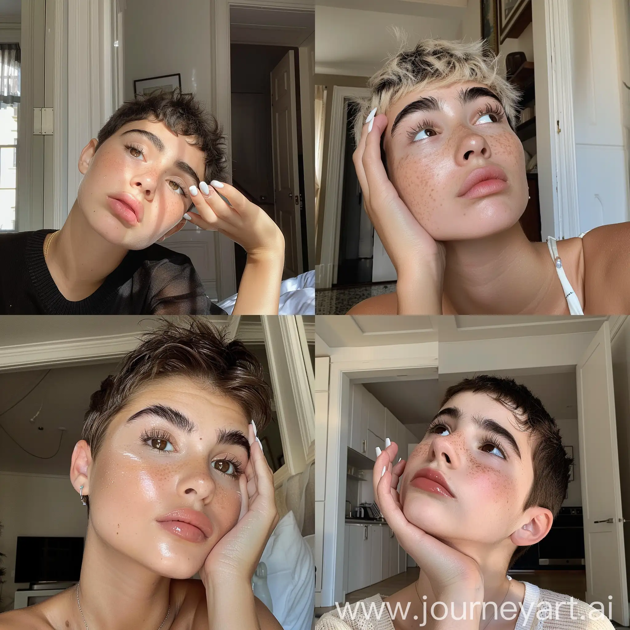 Aesthetic Instagram selfie of Haley Kalil's little sister, teenager, adorable, cute, super model face, in fancy New York apartment, dense eyebrows, short hair, wide set, looking up and away from camera, brown eyes, bored, throw face away in room, hand on cheek, white gel nail polish, manicured--ar 9:16