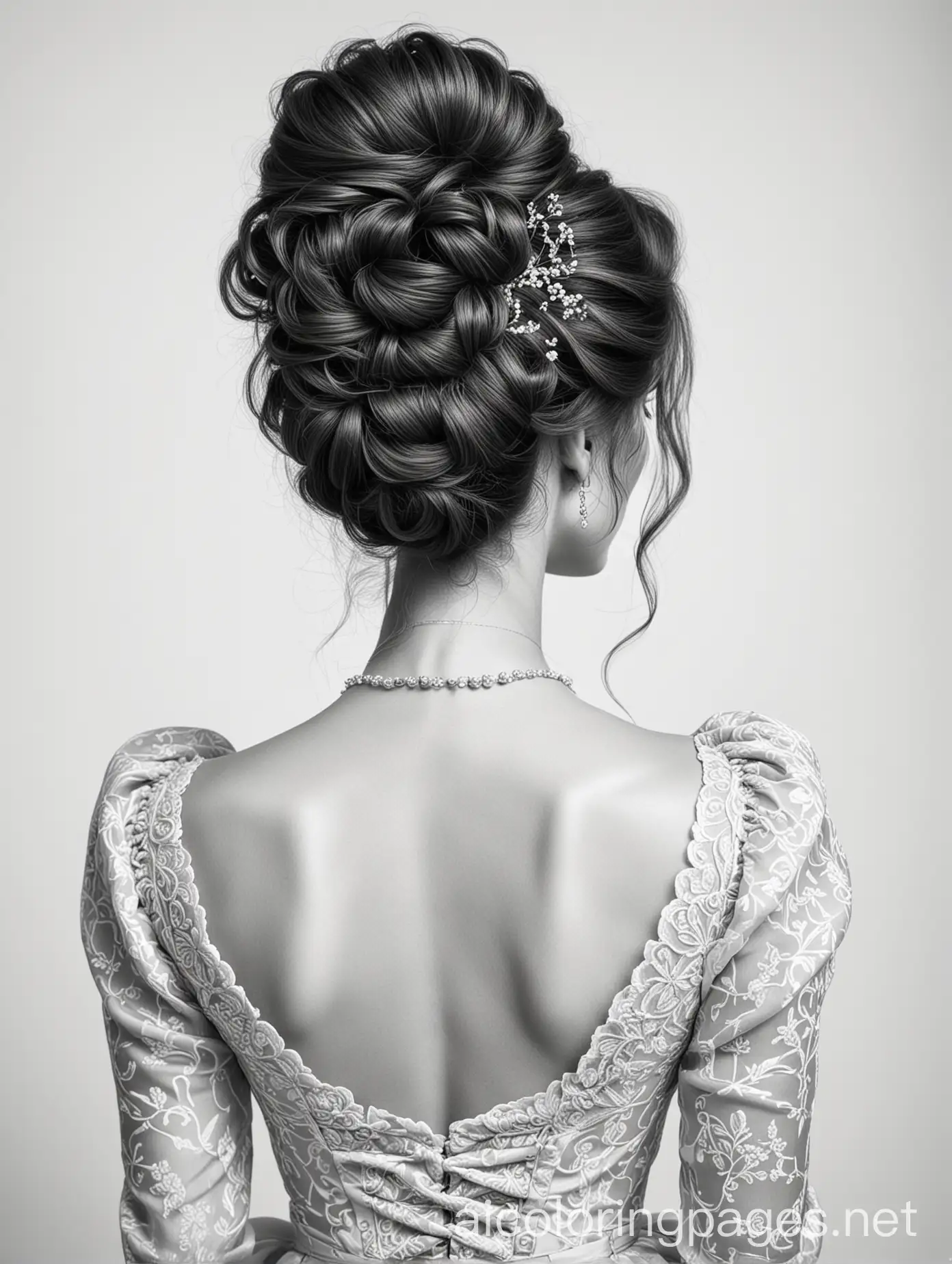 portrait of a woman from behind with a fancy Bridgerton updo and a fancy dress, Coloring Page, black and white, line art, white background, Simplicity, Ample White Space. The background of the coloring page is plain white to make it easy for young children to color within the lines. The outlines of all the subjects are easy to distinguish, making it simple for kids to color without too much difficulty
