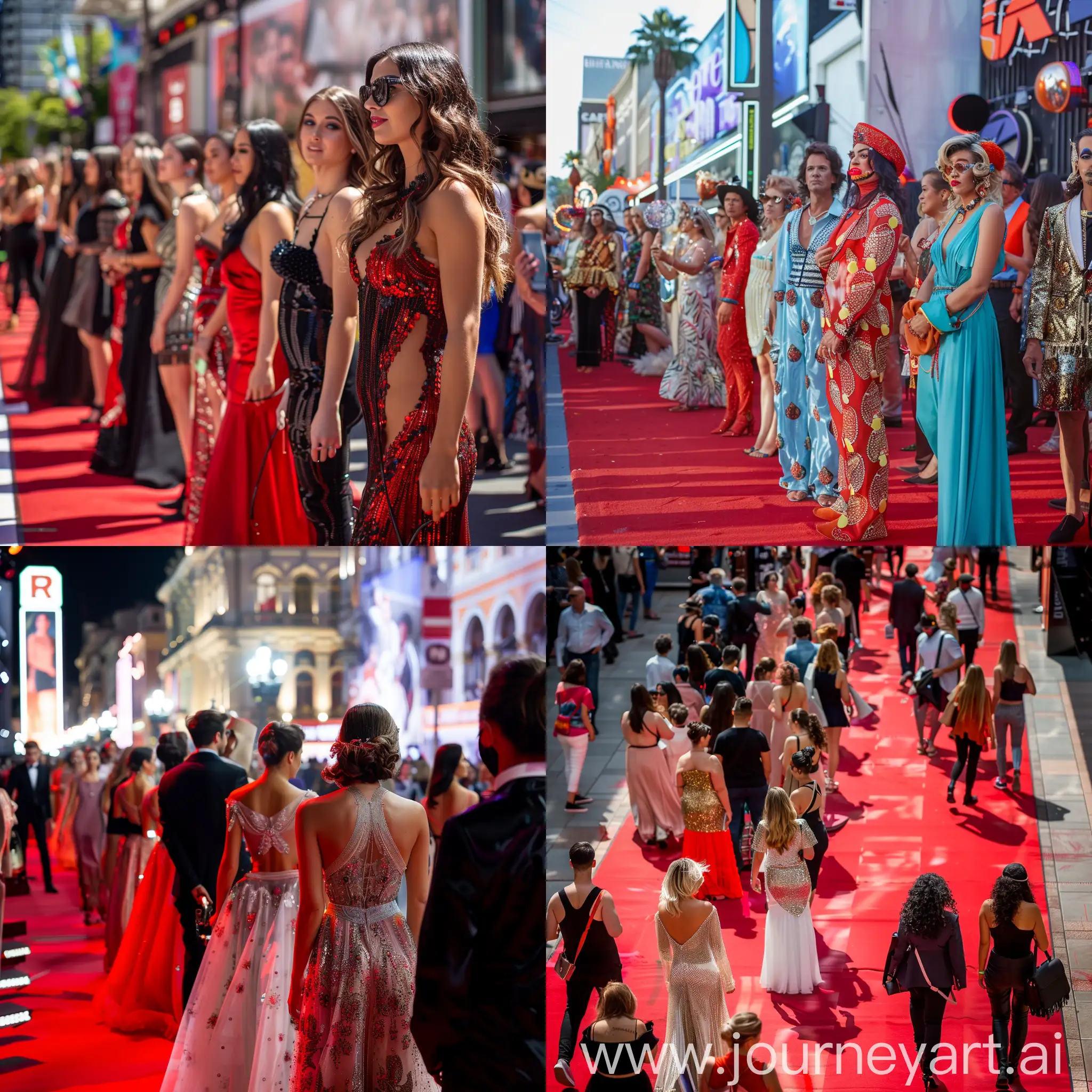 много людей стоят на красной дорожке, в красивых разных нарядах, звезды мирового шоубизнеса