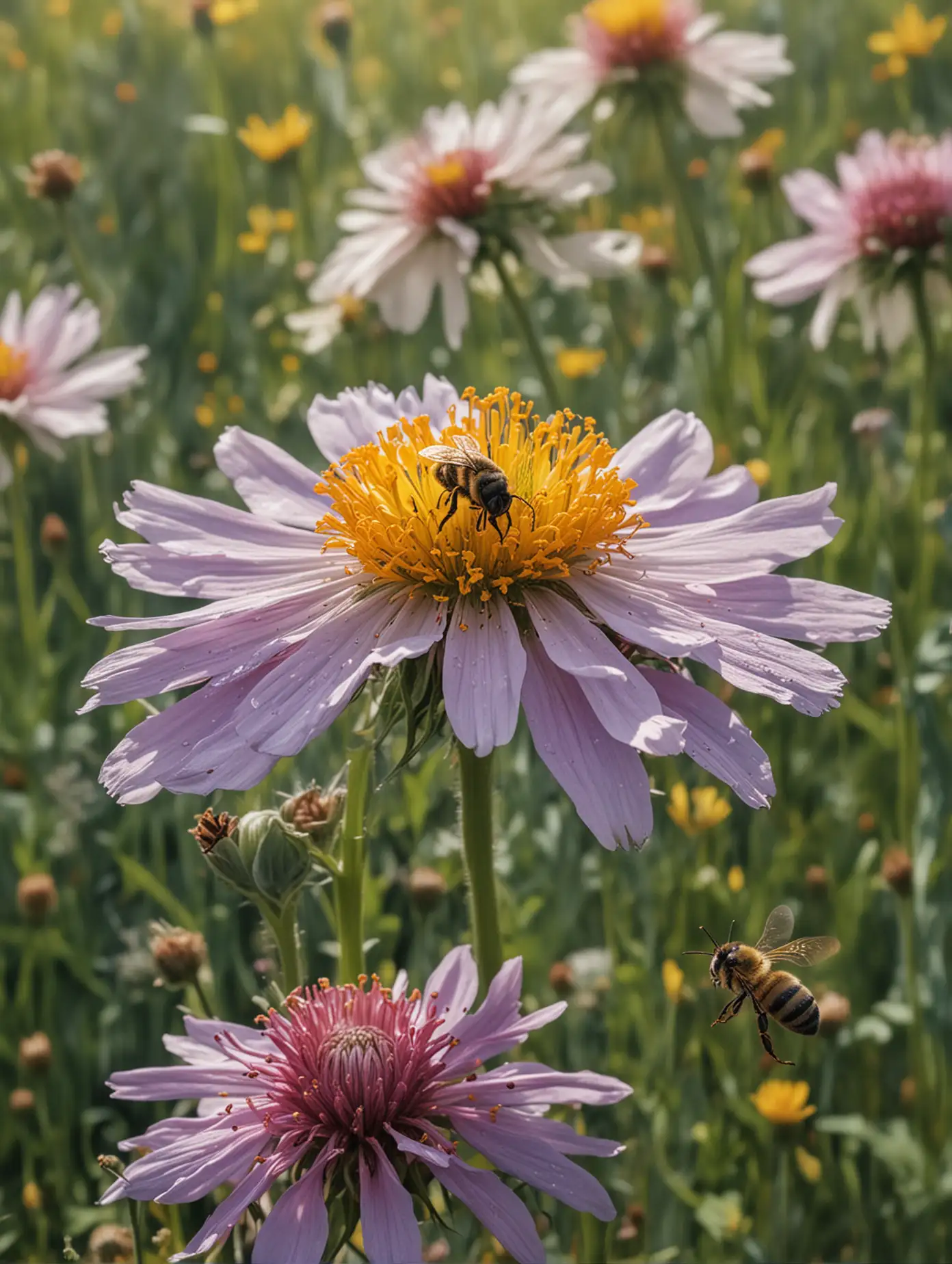 A hyper-realistic photograph depicting a single bee on a flower within a field of wildflowers.