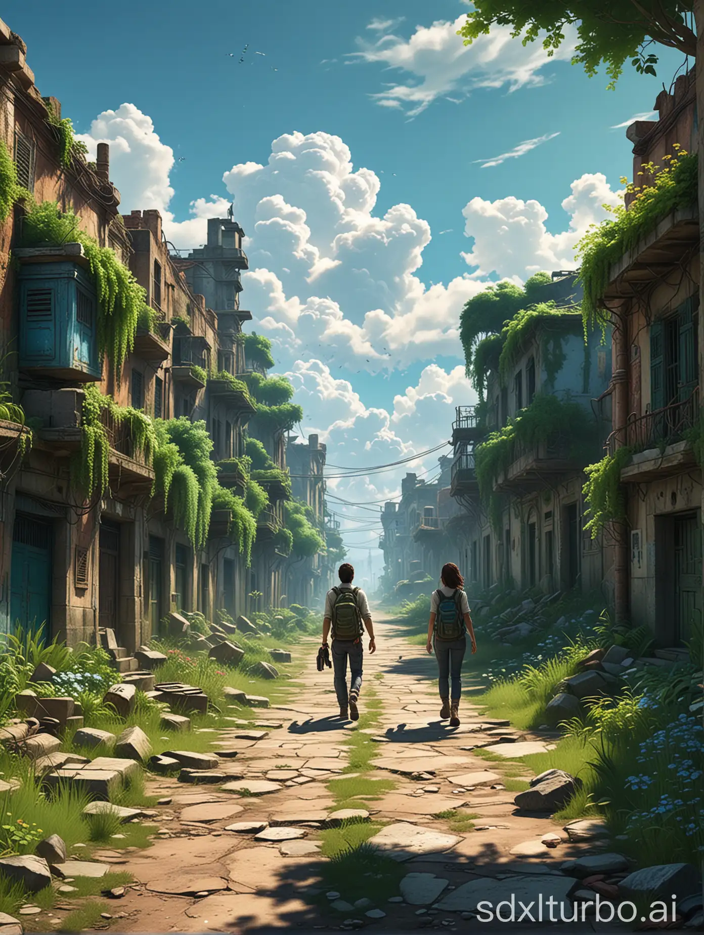Uncharted game art style of an abandoned city, where lush greenery has taken over. A young man and a woman are leisurely strolling down the street, with their backs to the viewer. The predominant colors of green and blue are evident, as the trees,different kinds color of flowers and grass have reclaimed the city's structures. The sky is a brilliant blue, dotted with fluffy white clouds. This dystopian-meets-nature scene has an eerie yet serene atmosphere, showcasing the resilience of nature in an urban environment.viiviid