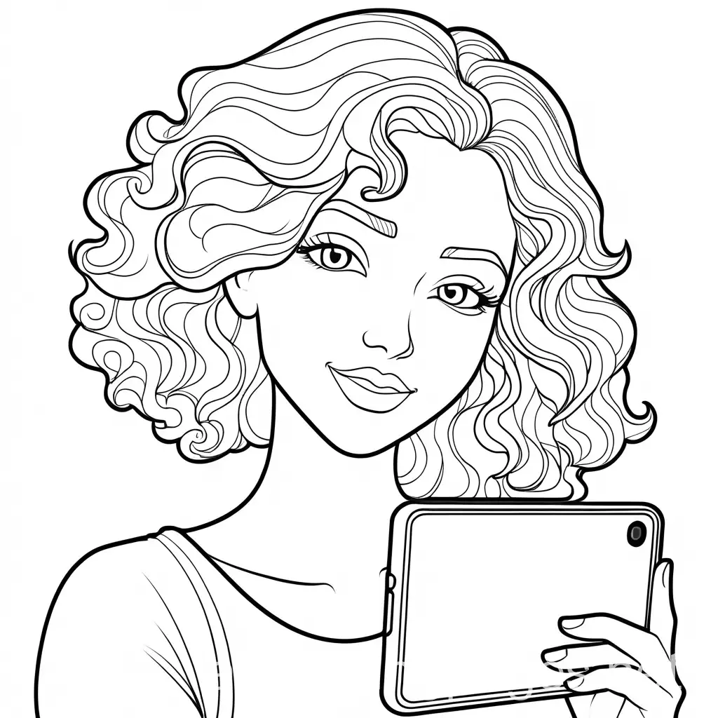 White-Curly-Haired-Woman-Taking-Selfies-Coloring-Page