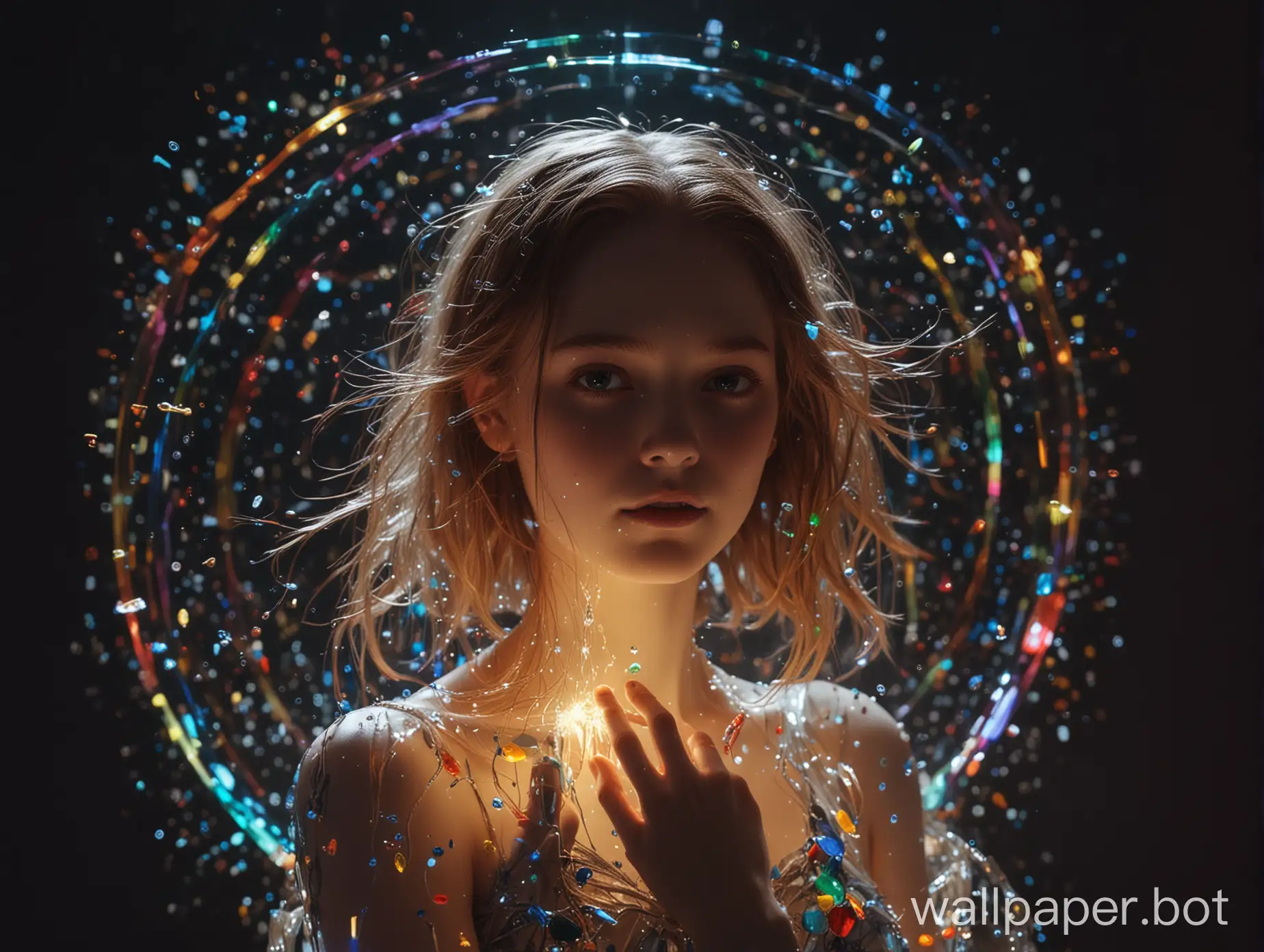 ((Top Quality)), ((Masterpiece)), ((Genuine)), Portrait, A girl, a celestial body, a god, a goddess, a particle of light, a halo, a line of sight, (Bioluminescence: 0.95) Many bioluminescent, lightning bolts and separated human limbs float in the rainbow-colored glass, bright, colourful, (glow, glow), (beautiful composition), cinematic lighting, complex, (symmetry: 0.5), eccentric, absurd,