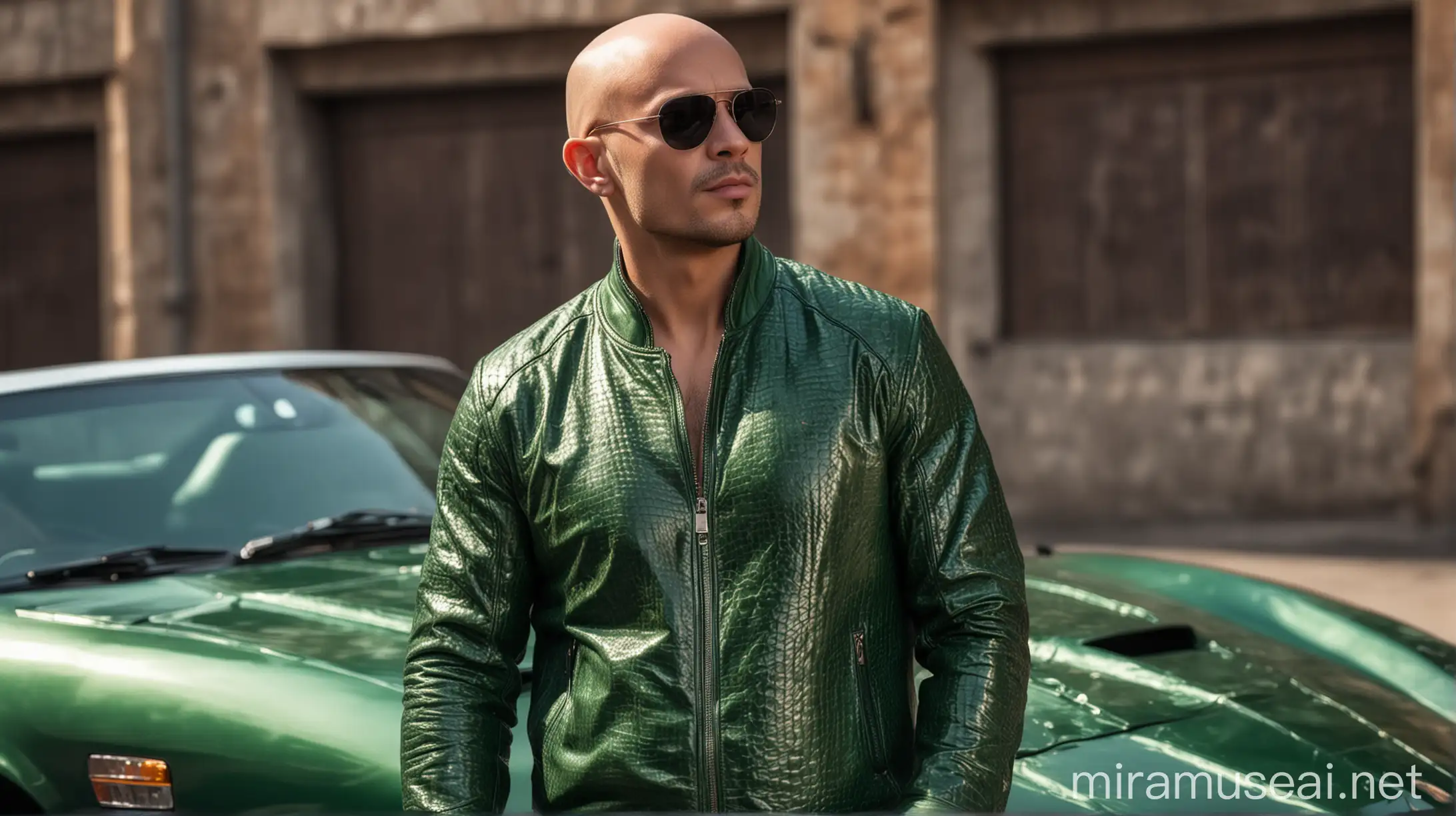 young masculine bald man with a cigar and wearing a green shiny leather jacket made of cobra skin with a light beard which is heavy from the chin he should look trustable with sunglasses he is jacked and with nice build of broad shoulder muscles and wide chest standing beside a supercar