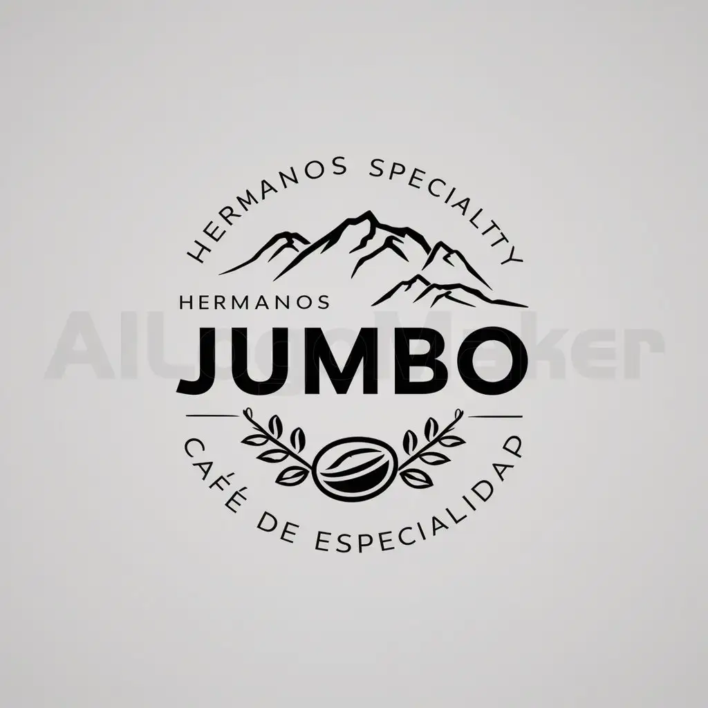 a logo design,with the text "HERMANOS JUMBO CAFÉ DE ESPECIALIDAD", main symbol:a logo design, with the text 'JUMBO SPECIALTY COFFEE BROTHERS', main symbol: a coffee bean, coffee plants and mountains,Minimalistic,be used in Restaurant industry,clear background