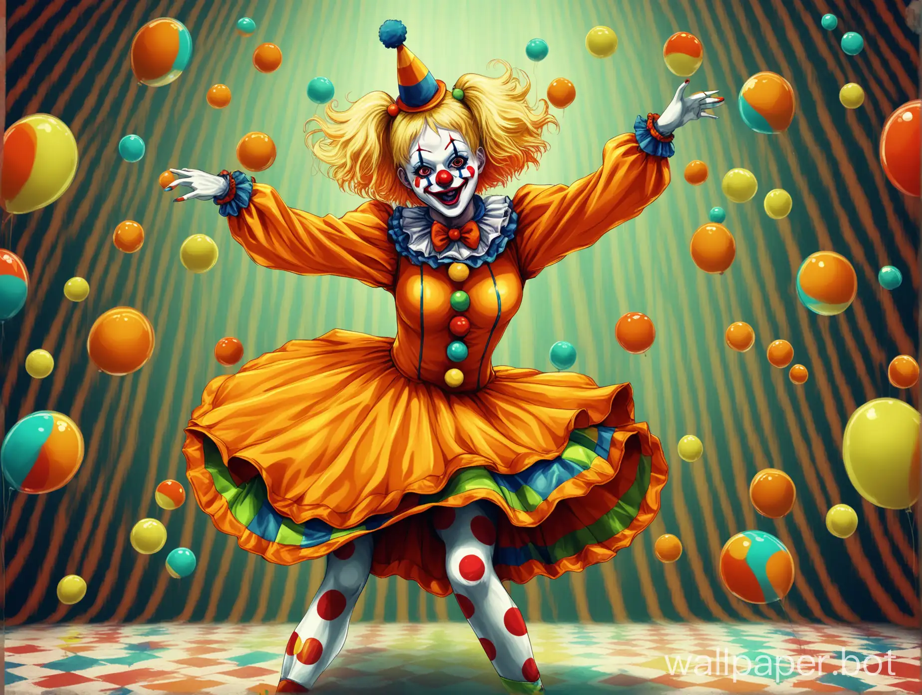a clown woman is dancing, she has flowing blonde hair and is wearing a orange themed clown costume. she is not scary, and actually looks very cute. trippy acidic background