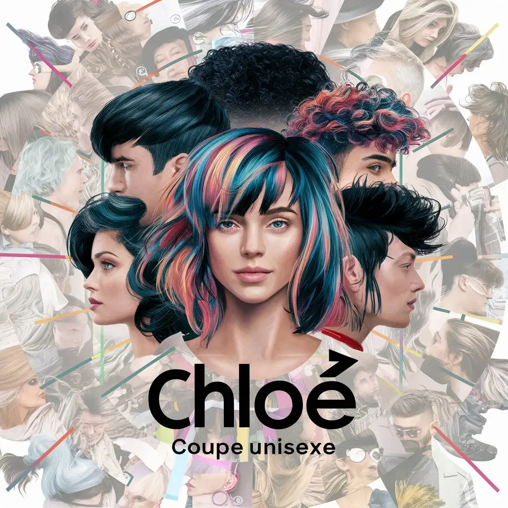 a logo design,with the text "Chloé Coupe Unisexe", main symbol:Colourful background men and woman head haircuts,complex,clear background