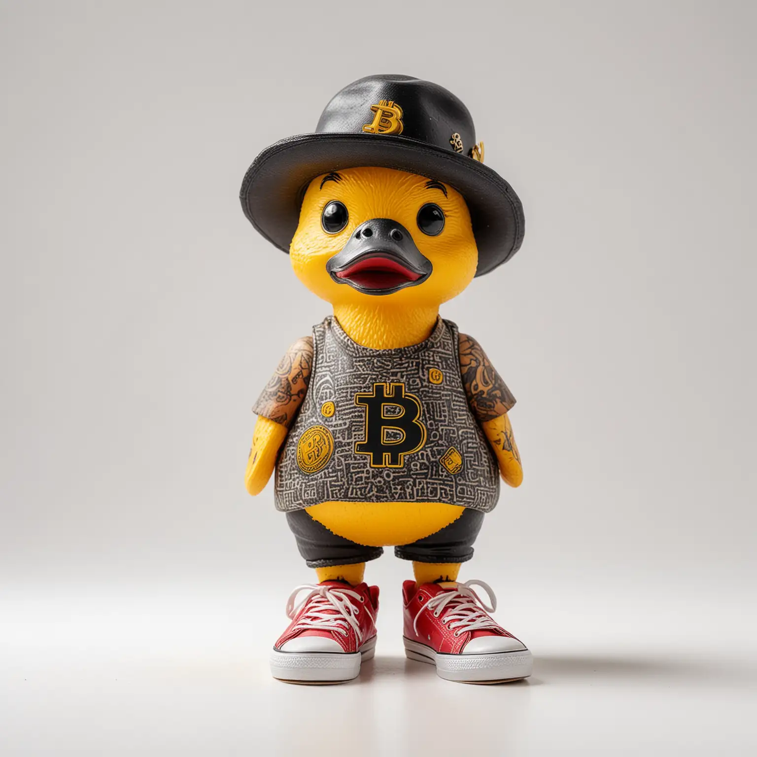 bitcoin yellow duck standing with a hat and tattooed and wearing sneakers on a white background
