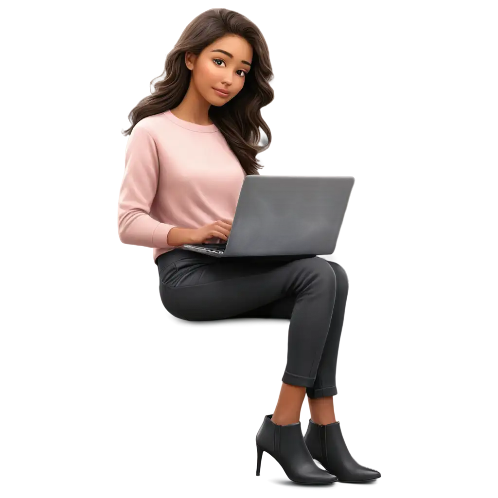 Cartoon realistic girl on laptop thinking png