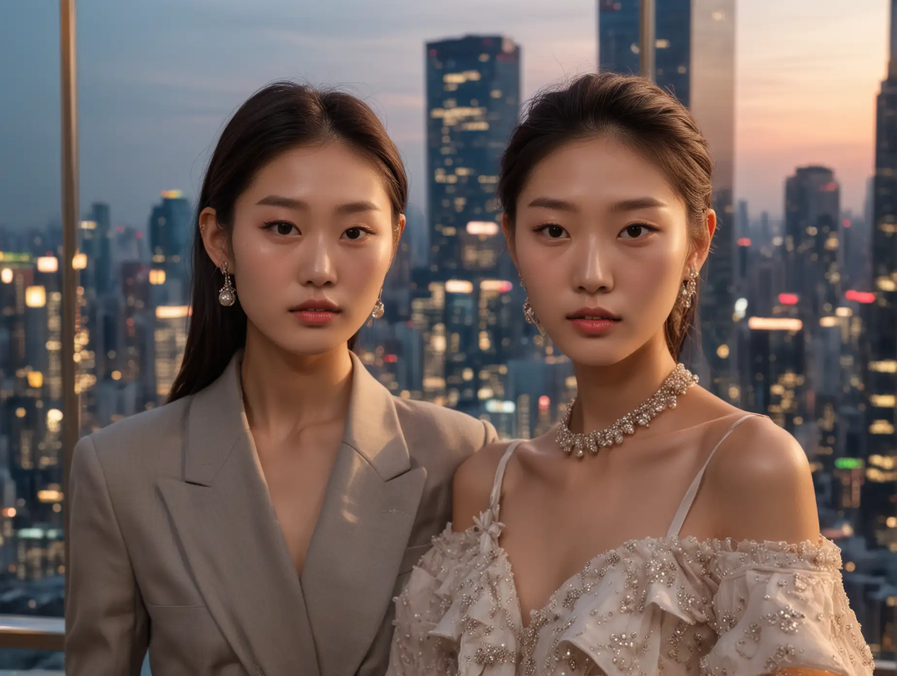 Close up faces of two skinny Korean elite fashion models at a formal party in a luxury highrise penthouse at dusk