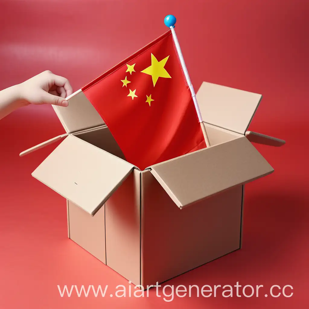 коробка с китайским флагом из нее летит детские игрушки и детская одежда