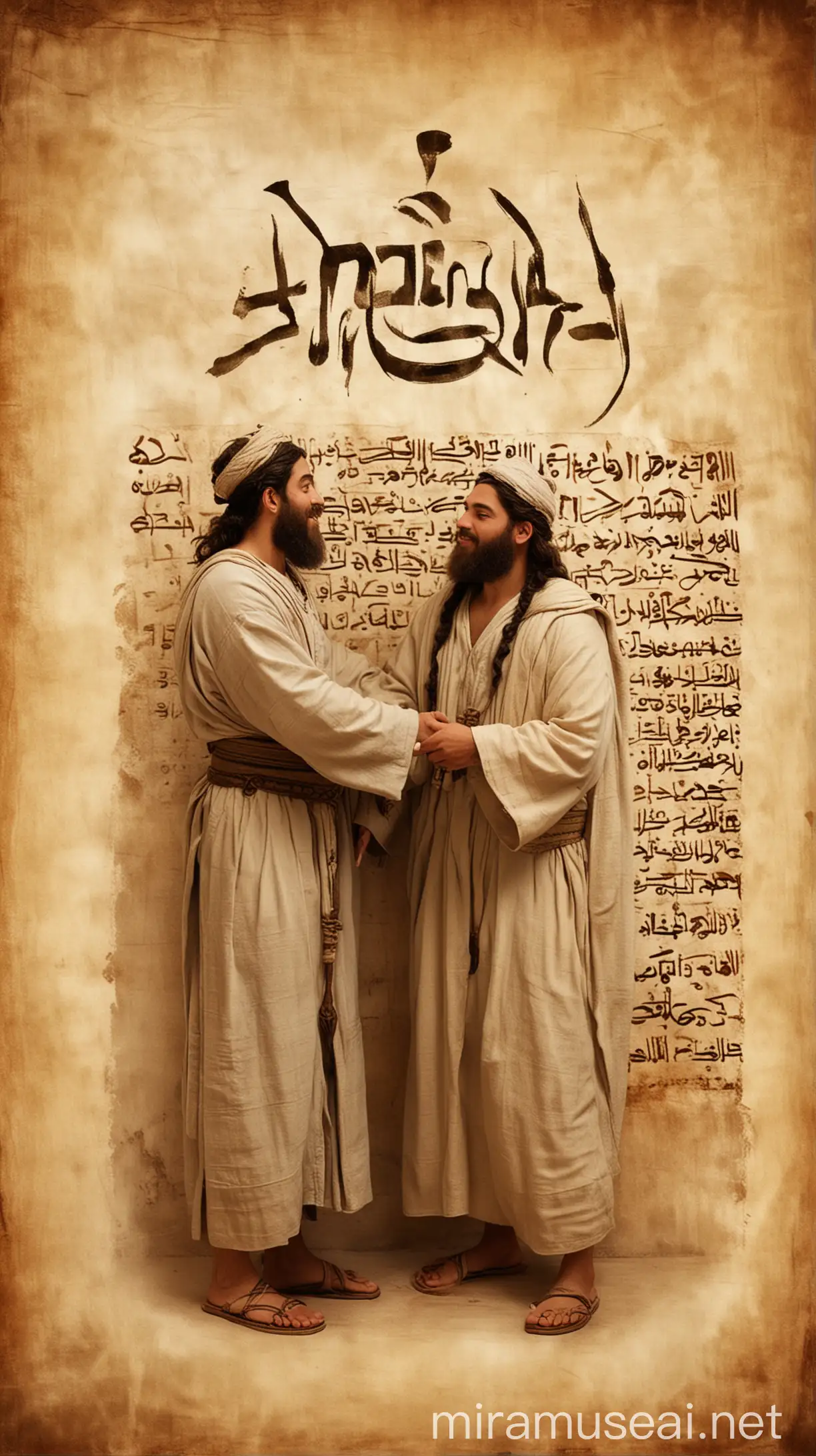 Create an image depicting the name 'Ehi' written in ancient Hebrew script, featuring a warm, brotherly scene with Ehi and another person. Ehi should be shown in ancient attire, interacting in a friendly, supportive manner with his companion. The background should have subtle ancient scroll or parchment textures."In ancient world 