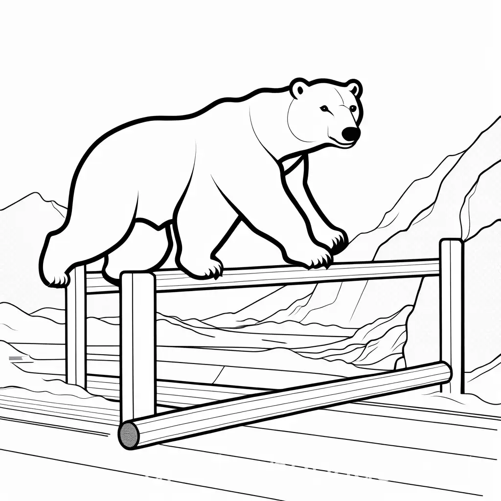 A polar bear going around an obstacle course, Coloring Page, black and white, line art, white background, Simplicity, Ample White Space. The background of the coloring page is plain white to make it easy for young children to color within the lines. The outlines of all the subjects are easy to distinguish, making it simple for kids to color without too much difficulty
