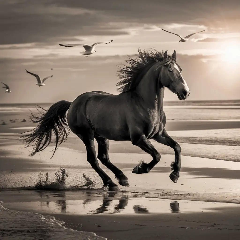Majestic Black and White Horse Galloping on Sunset Beach