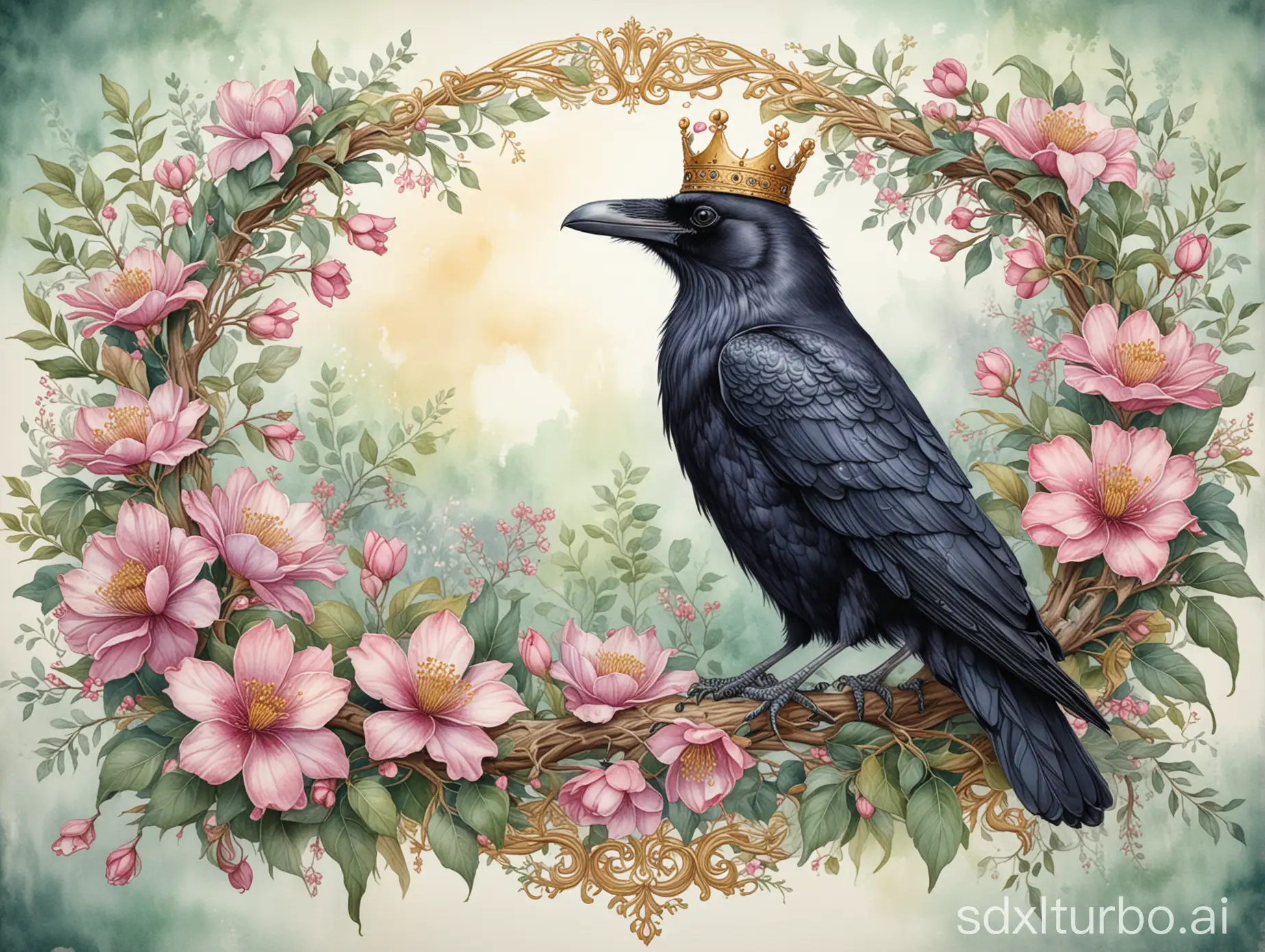 Golden-Crowned-Raven-Perched-on-Blossoming-Branch-Detailed-Watercolor-Art-Nouveau-Illustration