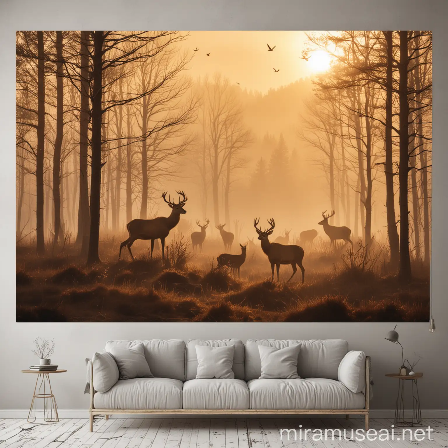 Wall poster, deer, forest, long shot, mountains, birds, sun set, foggy, 