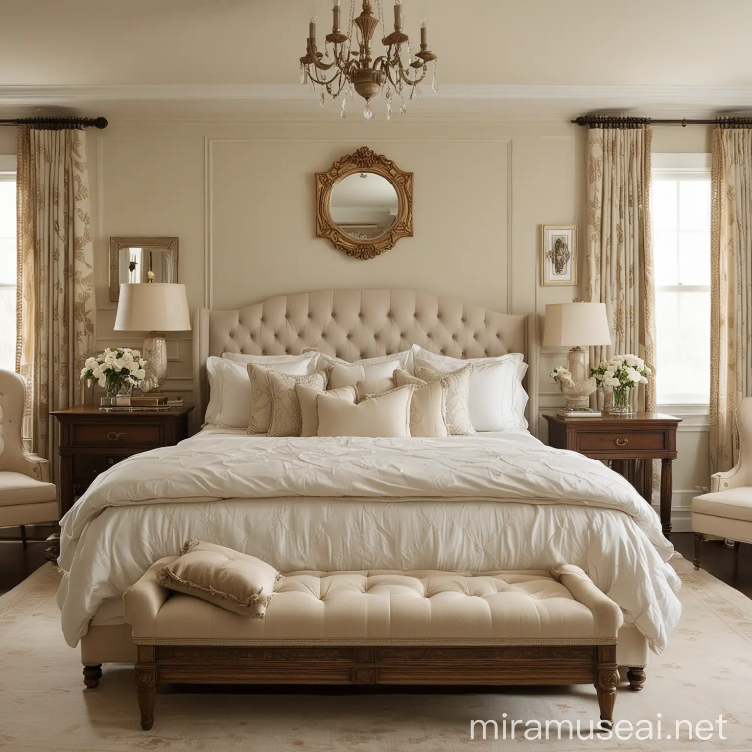 A classic bedroom typically features elegant and timeless design elements. Picture a neutral color palette, perhaps with subtle pastel accents, like soft blues or creams. Rich, dark wood furniture, such as a sleigh bed or a four-poster bed, adds a sense of luxury. Crisp, white bedding with intricate patterns or delicate embroidery can provide a touch of sophistication. Crown molding and wainscoting add architectural interest, while plush area rugs and heavy drapes create a cozy atmosphere. A classic bedroom might also include antique furnishings, such as a vanity or dresser, adorned with ornate handles or carvings, adding a sense of history and charm. Lighting fixtures, like chandeliers or table lamps with fabric shades, contribute to the overall ambiance, casting a warm, inviting glow. Finally, decorative accents such as framed artwork, mirrors, and fresh flowers or plants can add the finishing touches, creating a serene and elegant space for relaxation.