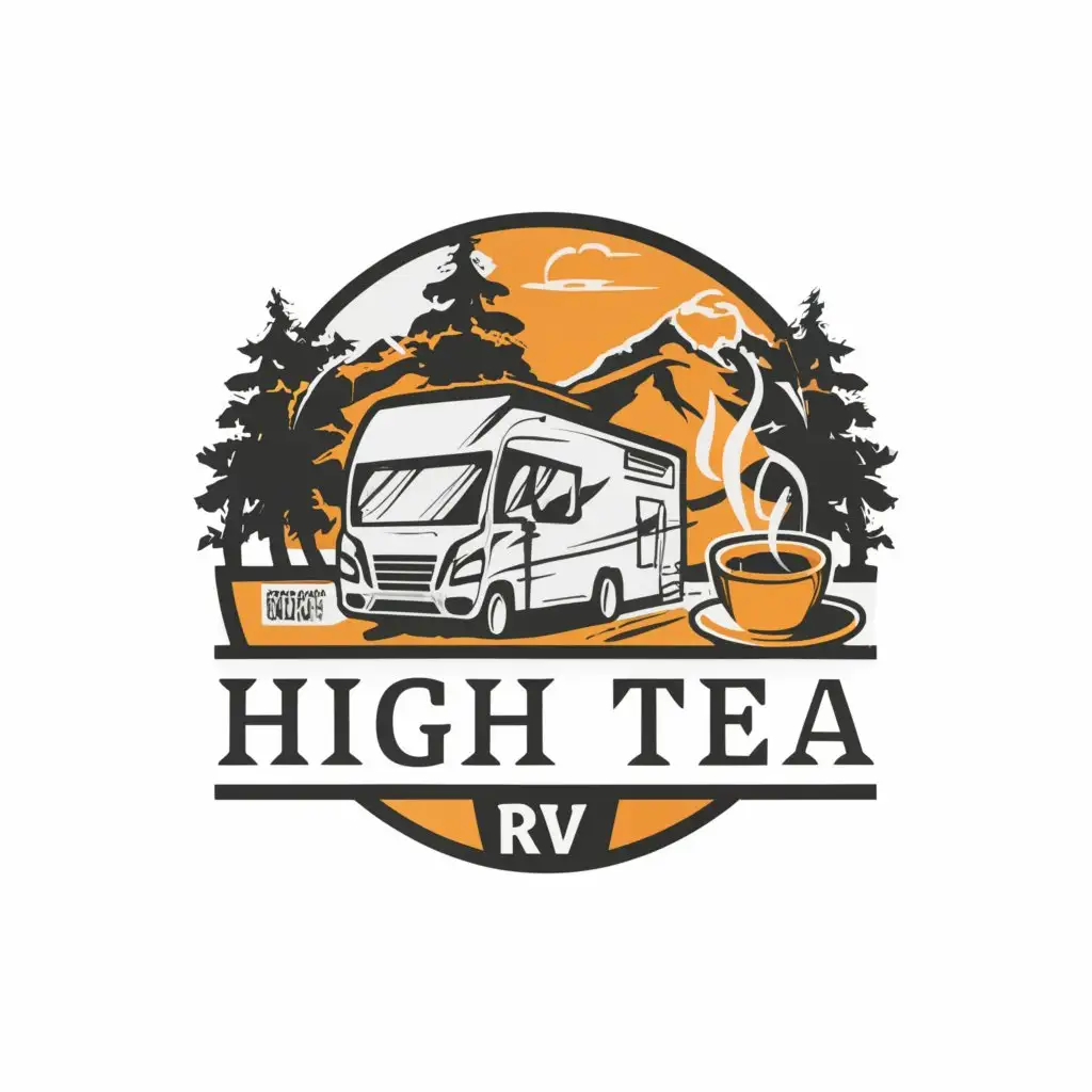 a logo design,with the text 'High Tea RV', main symbol:Class A motorhome beside a steaming cup of coffee, in the forest,Moderate,be used in Travel industry,clear background