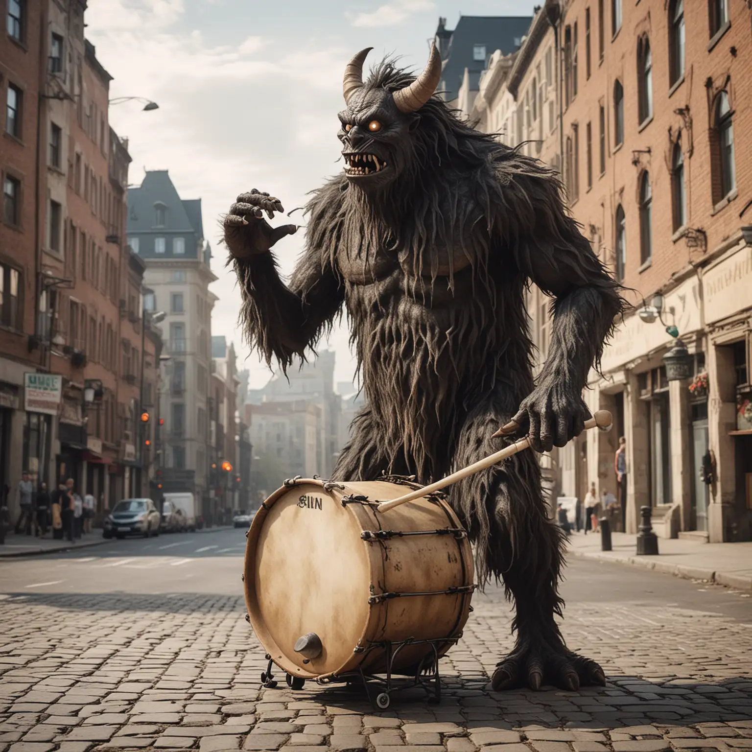 Monster Playing Drum in Urban Setting