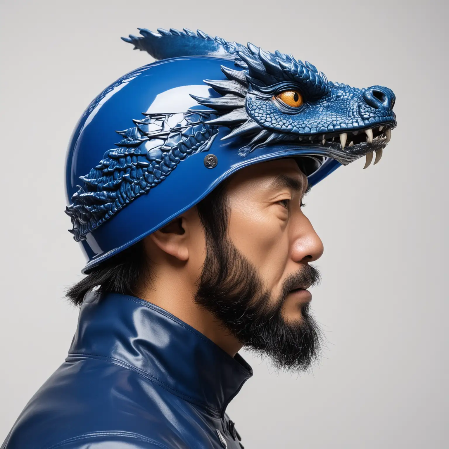 Strong Angry MiddleAged Japanese Man with Dragon Helmet in Side Profile Portrait