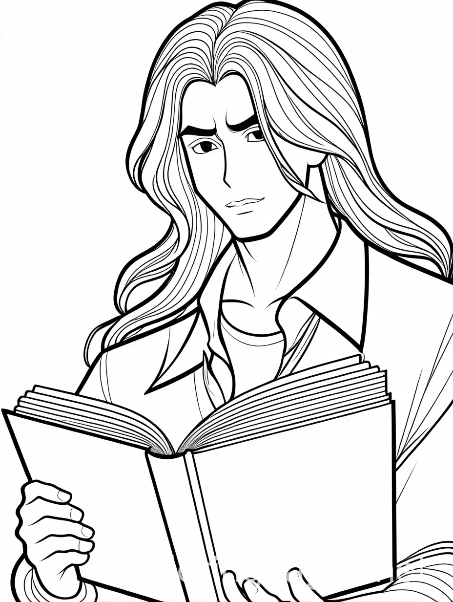 hispanic anime guy coloring page
wavy medium long hair 
reading a book
, Coloring Page, black and white, line art, white background, Simplicity, Ample White Space. The background of the coloring page is plain white to make it easy for young children to color within the lines. The outlines of all the subjects are easy to distinguish, making it simple for kids to color without too much difficulty