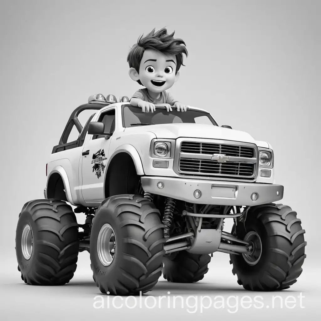 4 year old boy driving a monster truck, Coloring Page, black and white, line art, white background, Simplicity, Ample White Space. The background of the coloring page is plain white to make it easy for young children to color within the lines. The outlines of all the subjects are easy to distinguish, making it simple for kids to color without too much difficulty