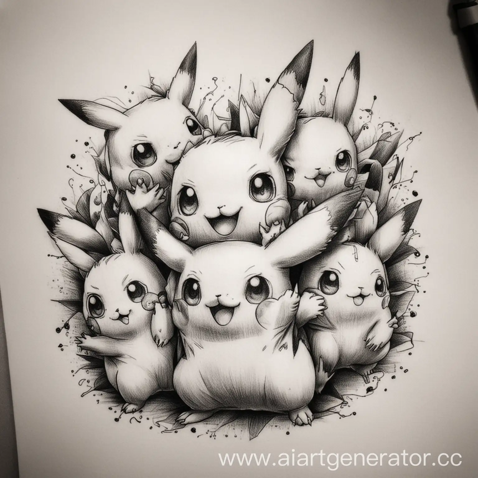 Four-Pikachu-Sketch-Tattoo-Playful-Pokemon-Huddle-Art