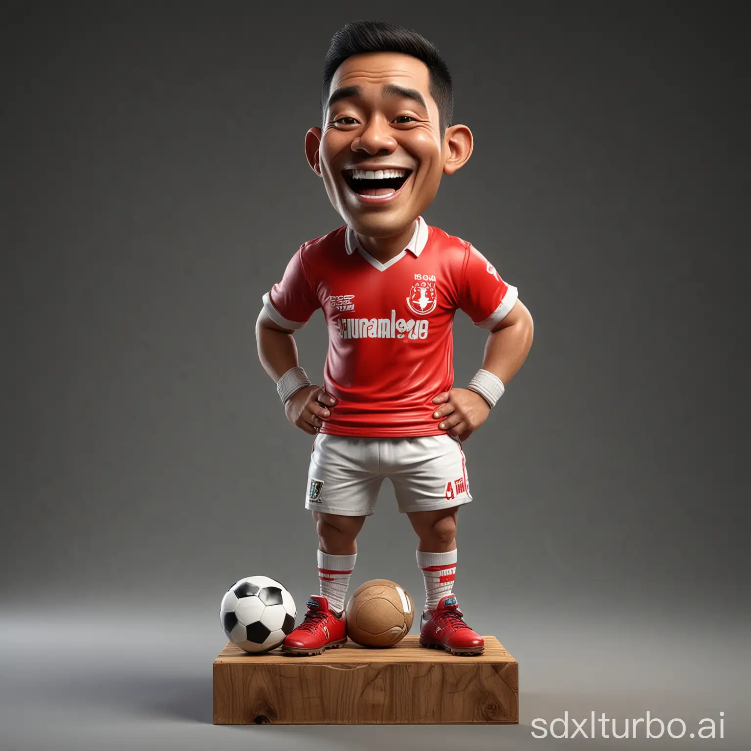 Hyperrealistic 4D caricature of Indonesian man, laughing face, bigger head, small and short body, wearing a red football shirt, white shorts and football boots, the man is standing on a wooden block, hands on his waist, next to him is ball, black background with low lighting, 3d rendering photo, photography portrait.