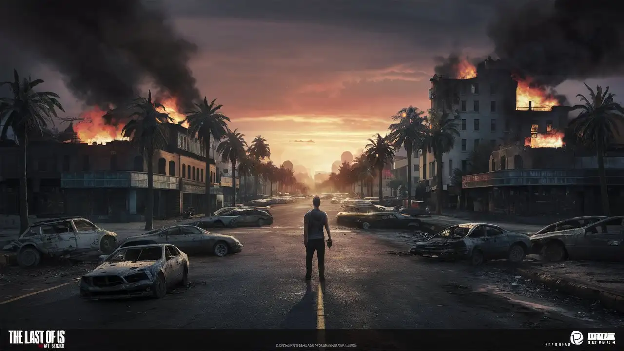 the last of us, los angeles sunset boulevard, burned building and cars, no people