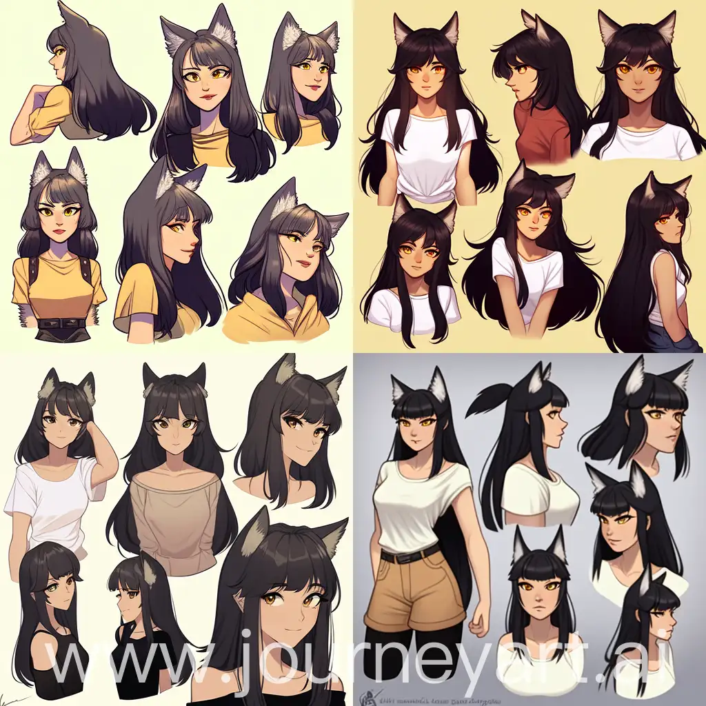 {best quality},{{masterpiece}},{highres},reference sheet,expressions,Official Art,character design,original,extremely detailed 8k wallpaper,{an extremely delicate and beautiful},militant style,blunt bangs,yellow cropped torso upper body,black hair,golden eyes,long hair,straight hair,wolf ear fluff,dogtail,long sideburns,taut shirt,black pleated skirt,pantyhose,high heeled boots,thigh boots,fingerless gloves,detached sleeves,half-closed eyes,