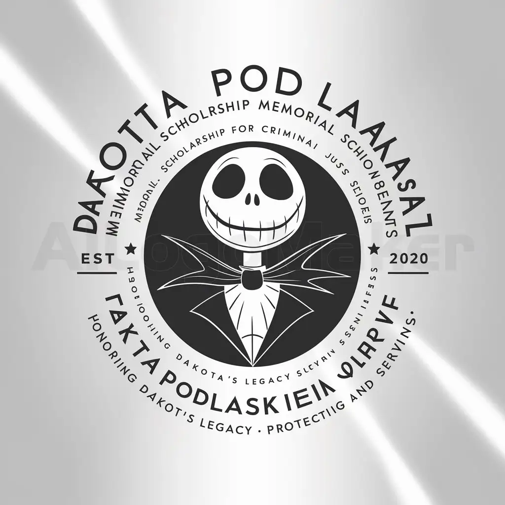 a logo design,with the text "DAKOTA PODLASKI MEMORIAL SCHOLARSHIP EST.2020", main symbol:Memorial scholarship for criminal justice students. Dakota wanted to be a police officer all his life. He also loved Halloween and the character Jack Skellington. Need a logo which incorporates his two passions. This memorial scholarship is awarded to students who aspire to pursue a career in Law Enforcement. Also looking for a slogan for the scholarship to represent it. I am looking for the main text to curve around the logo, with the EST 2020 centered above the logo, and slogan curved under the logo. During the murder trial of the suspect accused of killing my son, I said to the judge that 'Every badge he looks at for the rest of his life, he will have to wonder if they got it from the family of the person he killed', and 'everyone is calling to defund the police, because of him we will be funding police officers.' I am including some photos of my son, who was 20 years old when he died for inspiration, the photo of him in the backwards ball cap is the last photo we took of him. He loved working at haunted houses. He had Jack Skellington tattooed on the top of his hand. We award $500 annually to a criminal justice student, this year will be the 5th time we will have awarded this scholarship. Dakota's character names while working at the haunted houses were Bongo the clown, The bunny costume was bunny.,Moderate,be used in 0 industry,clear background