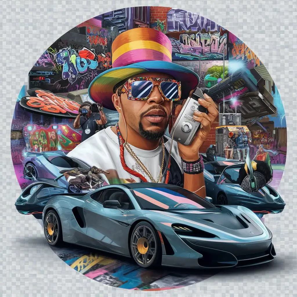 Colorful Abstract Painting of a Hip Hop Artist with Luxury Super Car and Graffiti Cartoon Style