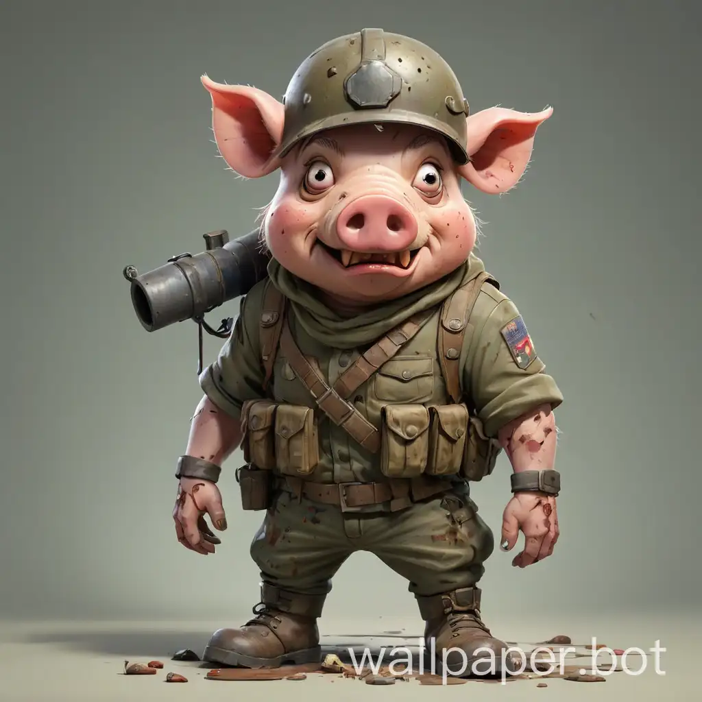A zombie pig in cartoon style, full body, soldier grimy clothes with boots and helmet, with clear background