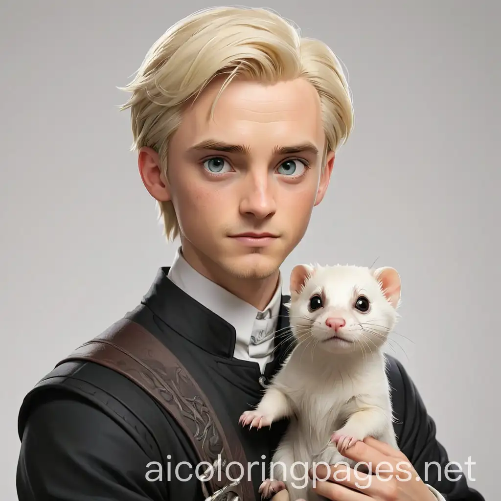 Draco Malfoy with a ferret , Coloring Page, black and white, line art, white background, Simplicity, Ample White Space. The background of the coloring page is plain white to make it easy for young children to color within the lines. The outlines of all the subjects are easy to distinguish, making it simple for kids to color without too much difficulty