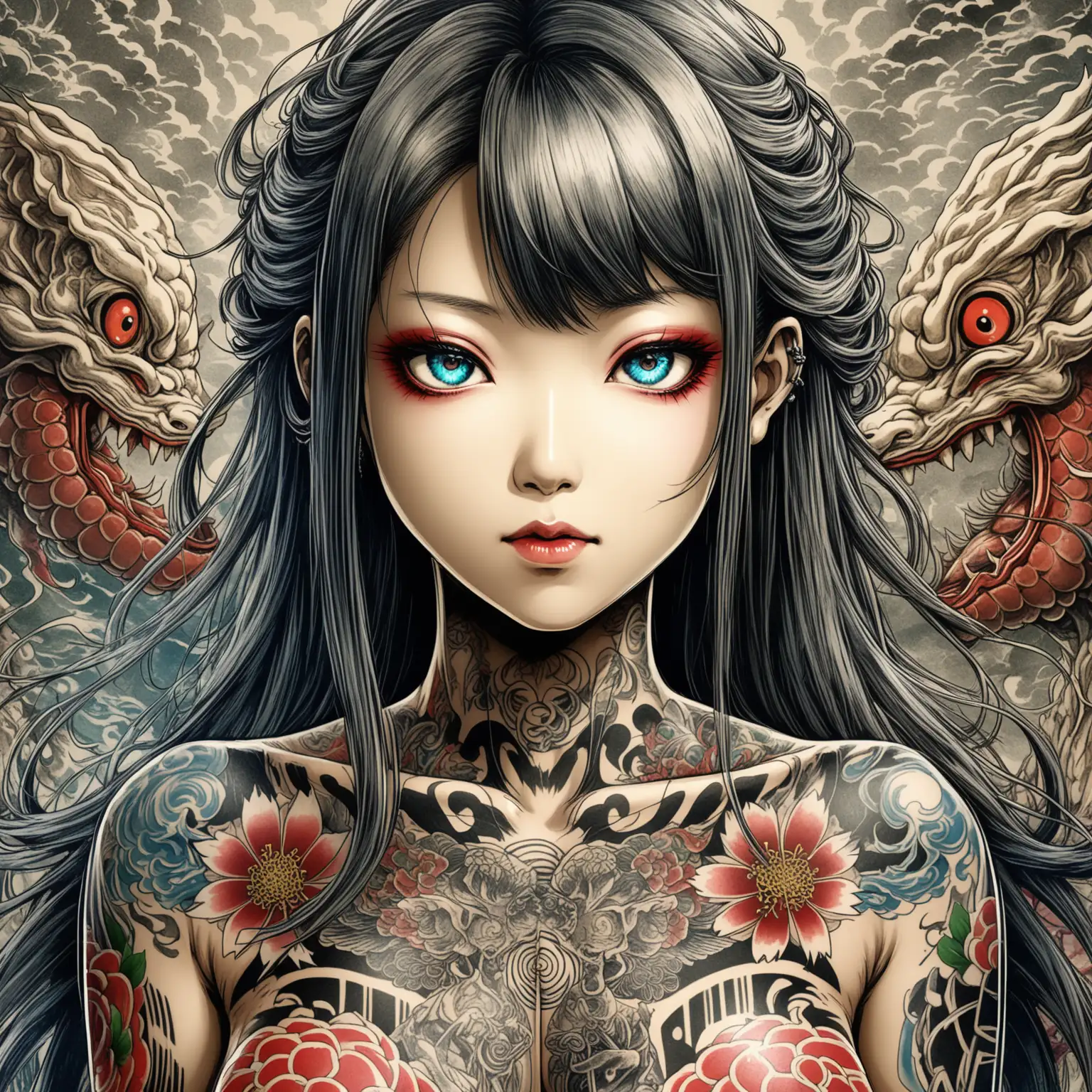 Japanese Woman with Stunning Tattoos and Hair in AmanoStyle Art