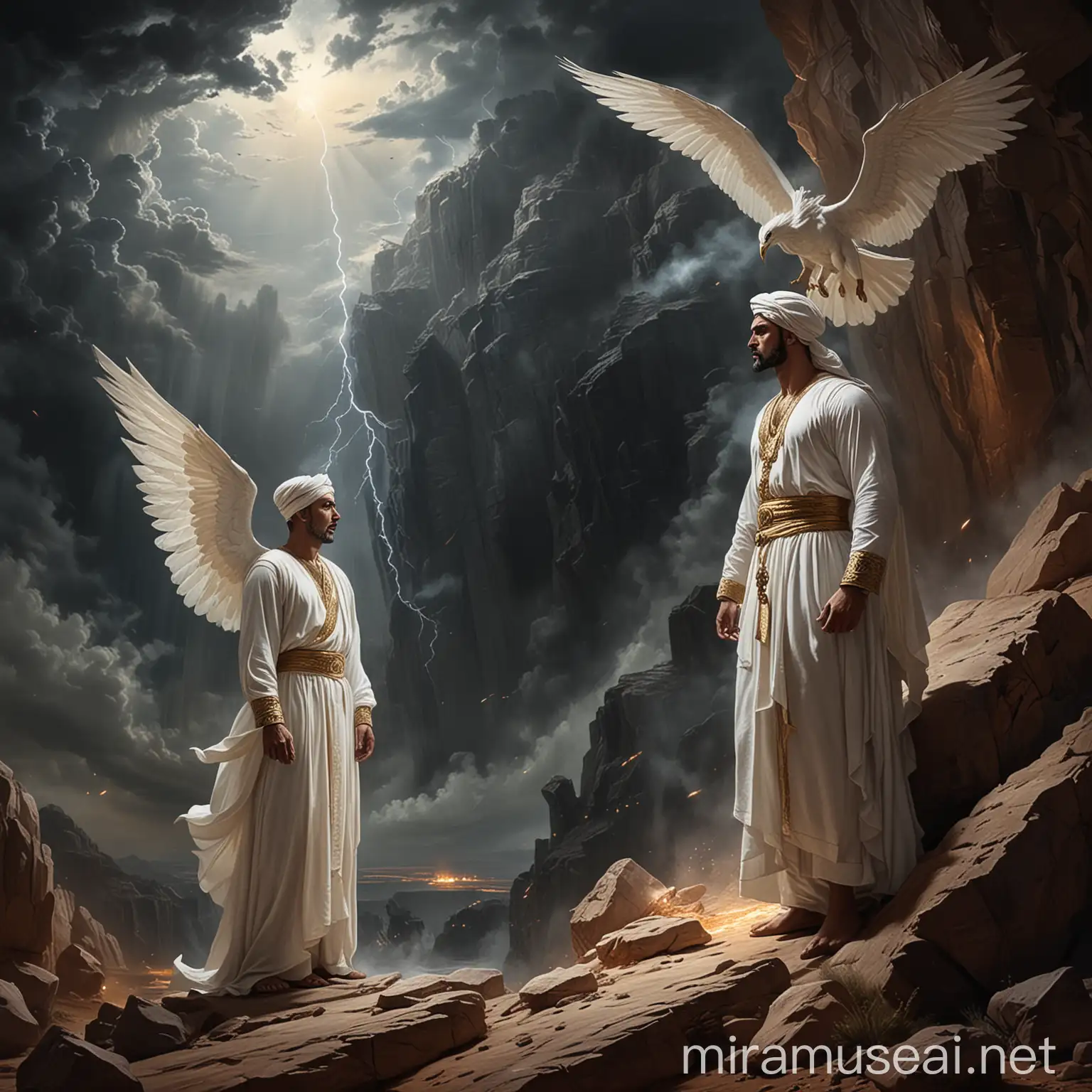 This picture depicts a dramatic and intense scene with the two main male characters. The figure in front appears to be a smaller man, wearing an Arabian turban and a long white Arabian gown, styled like a painting, and standing on a rock, looking up at a huge winged giant figure. The larger figure looks like an angel or god, with wings. which emits light. A powerful flash of energy or lightning connects the two figures. The dark and cloudy sky adds intensity to the scene. Fire and smoke rise from below, indicating destruction or conflict.