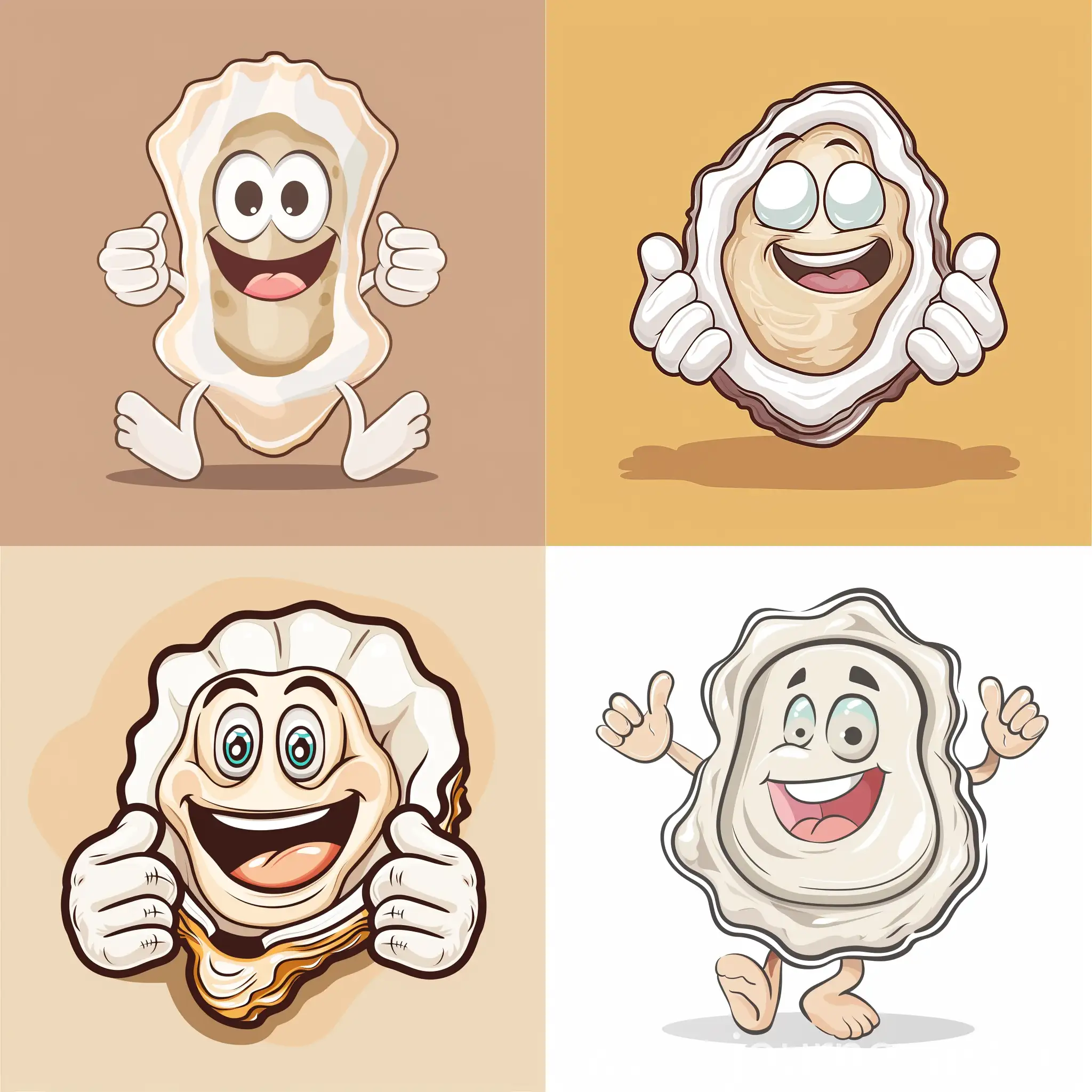 Flat illustration, cute oyster emoji, Oyster emoji smooth line stick figure, Disney cartoon hands and feet, one stroke molding, anthropomorphic emoji, IP image design, LOGO design