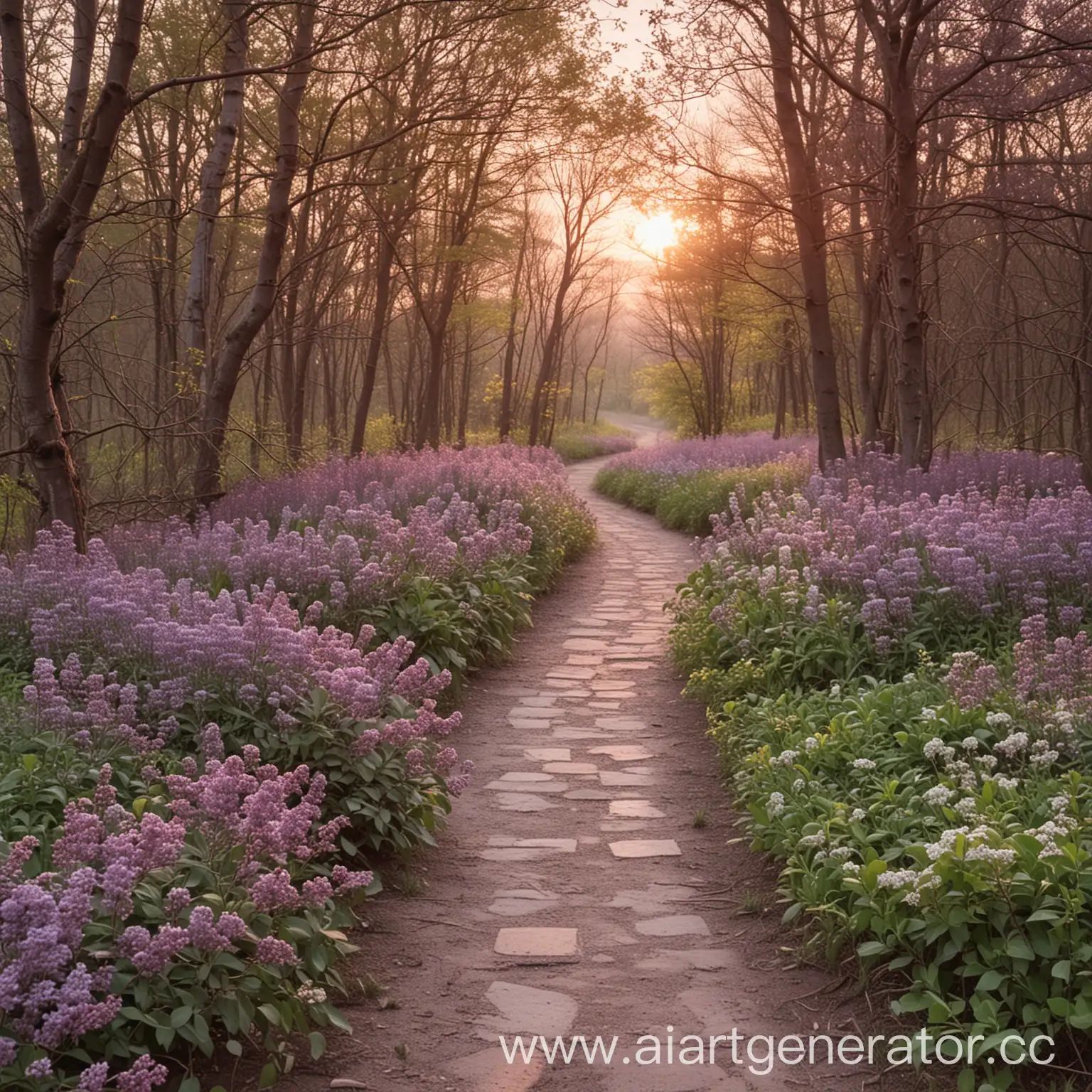 Spring-Sunset-with-Lilac-Path-Near-Forest
